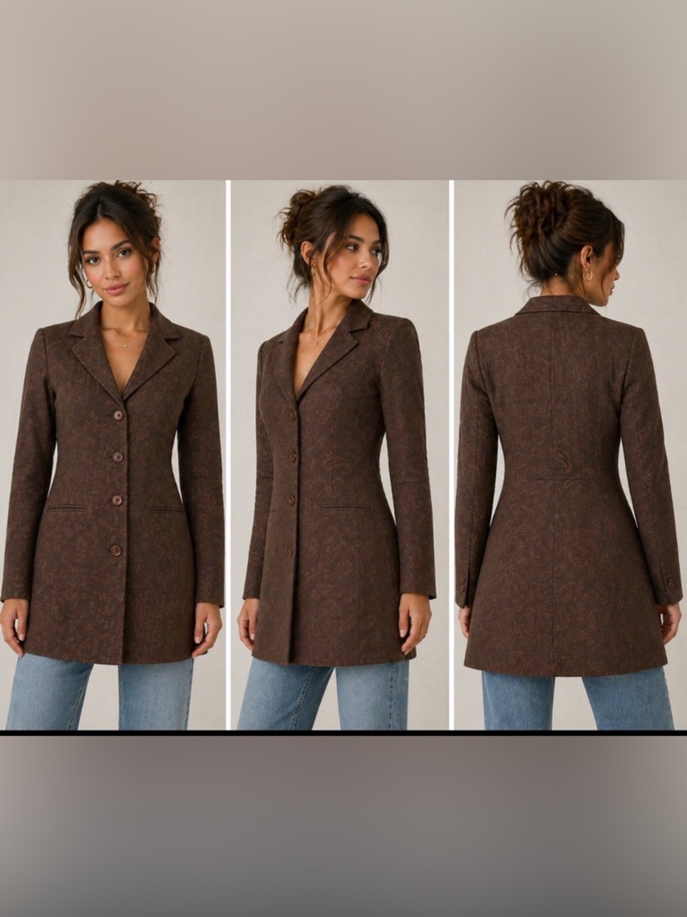 Zara Brown Paisley Tailored Long Blazer